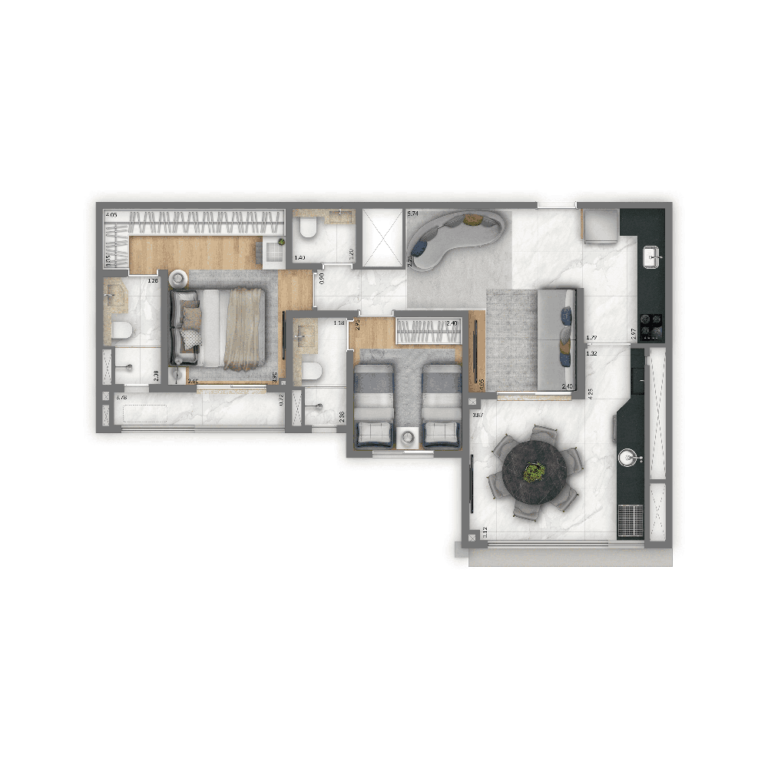 Planta-tipo 74m | 2 suítes.